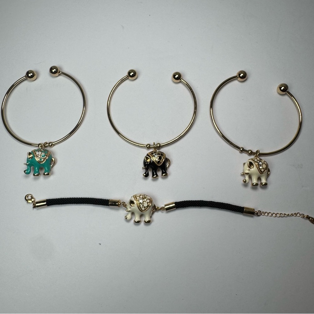 18K Gold Plated Bangle Cuff Bracelets with Elephant Charms LOT of 4 Friend Bands